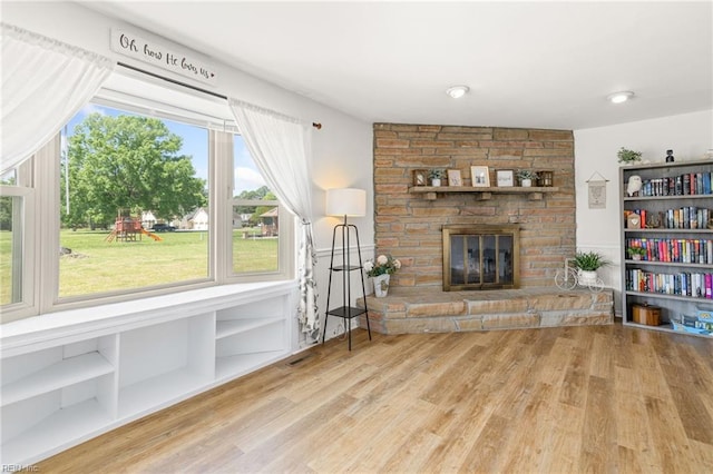living room featuring a fireplace and wood finished floors