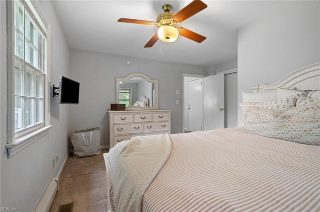 bedroom with carpet, baseboards, a ceiling fan, baseboard heating, and a closet