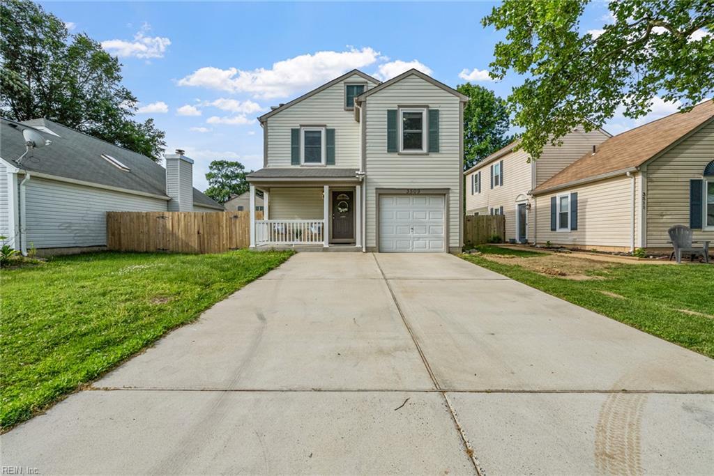 3509 Davies Ct, Virginia Beach, VA 23462 - traditional-style home with driveway, covered porch, and an attached garage
