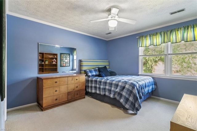 16 Windy Point Dr, Poquoson, VA 23662 - bedroom featuring light colored carpet, ornamental molding, baseboards, a textured ceiling, and ceiling fan