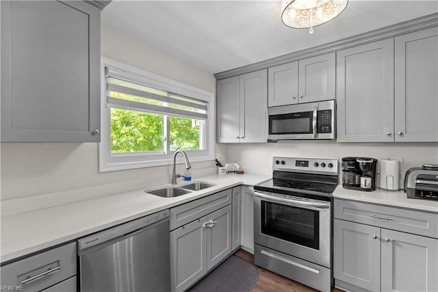 3701 Edinburgh Dr, Virginia Beach, VA 23452 - kitchen with stainless steel appliances, gray cabinetry, a sink, and light countertops