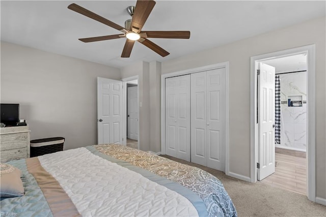3701 Edinburgh Dr, Virginia Beach, VA 23452 - bedroom with carpet, a closet, baseboards, a ceiling fan, and connected bathroom