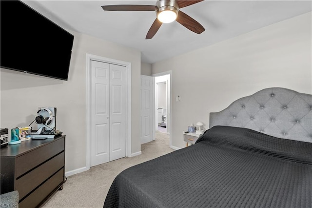 3701 Edinburgh Dr, Virginia Beach, VA 23452 - bedroom featuring light carpet, a closet, baseboards, and ceiling fan