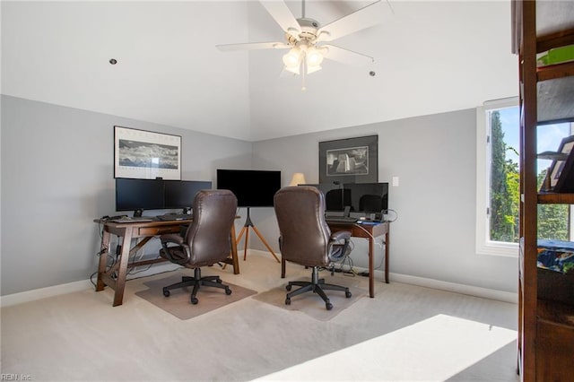 office with carpet, baseboards, lofted ceiling, and a ceiling fan