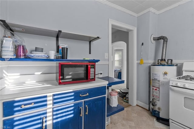6459 Clare Rd, Norfolk, VA 23513 - kitchen featuring blue cabinetry, white gas stove, water heater, arched walkways, and crown molding