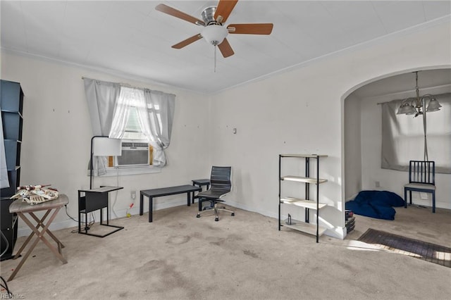 6459 Clare Rd, Norfolk, VA 23513 - office featuring arched walkways, ornamental molding, carpet flooring, cooling unit, and ceiling fan
