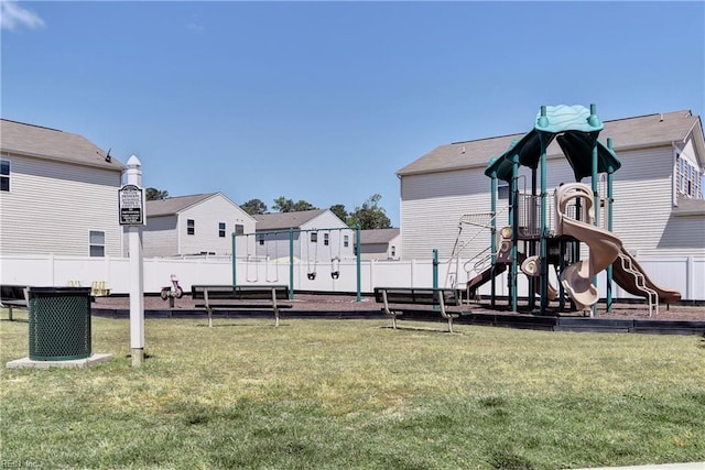 view of jungle gym with cooling unit and a residential view