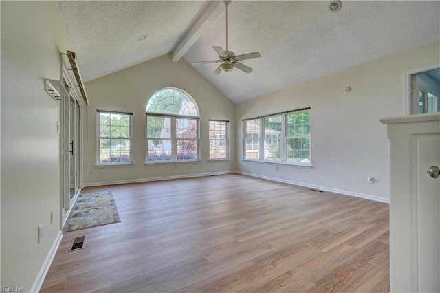 unfurnished living room with a ceiling fan, a textured ceiling, light wood-style flooring, beam ceiling, and baseboards