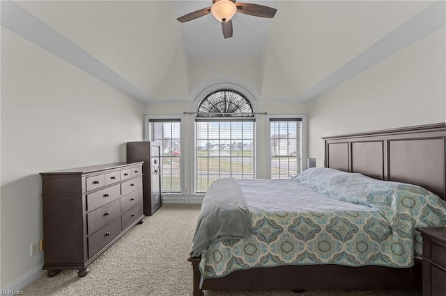 110 Lands End Dr, Elizabeth City, NC 27909 - bedroom with light carpet, lofted ceiling, a ceiling fan, and baseboards