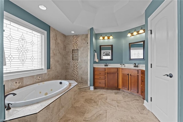 110 Lands End Dr, Elizabeth City, NC 27909 - full bath featuring a jetted tub, a walk in shower, double vanity, and recessed lighting