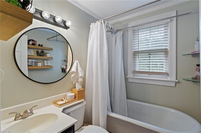 bathroom featuring toilet, crown molding, vanity, and shower / tub combo