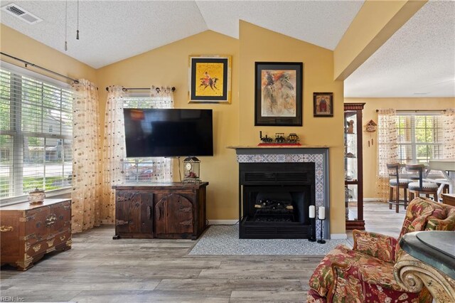 1005 Villas Ct, Virginia Beach, VA 23456 - living room featuring wood finished floors, lofted ceiling, a textured ceiling, and a fireplace with flush hearth
