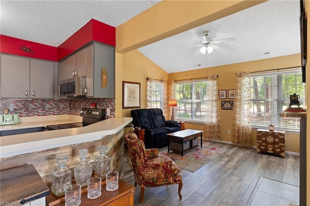 1005 Villas Ct, Virginia Beach, VA 23456 - kitchen with electric range oven, stainless steel microwave, a textured ceiling, wood finished floors, and lofted ceiling
