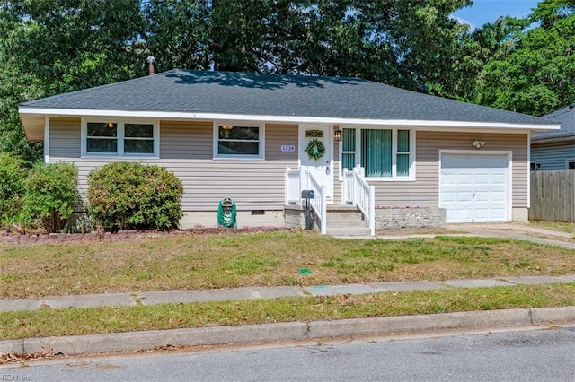 view of front facade featuring a garage, a shingled roof, crawl space, and driveway