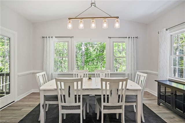 dining room featuring wood finished floors, lofted ceiling, and baseboards