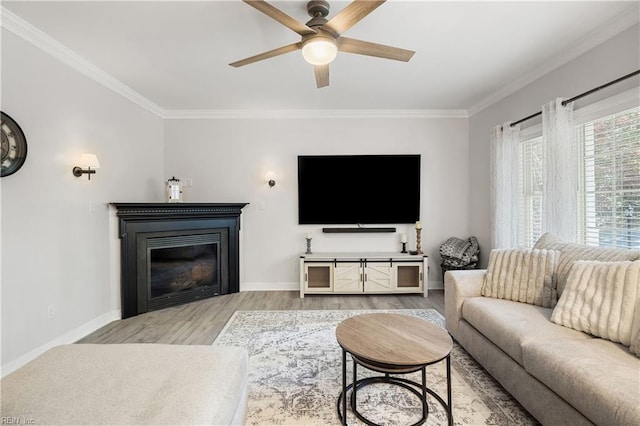 living room featuring wood finished floors, crown molding, ceiling fan, baseboards, and a glass covered fireplace