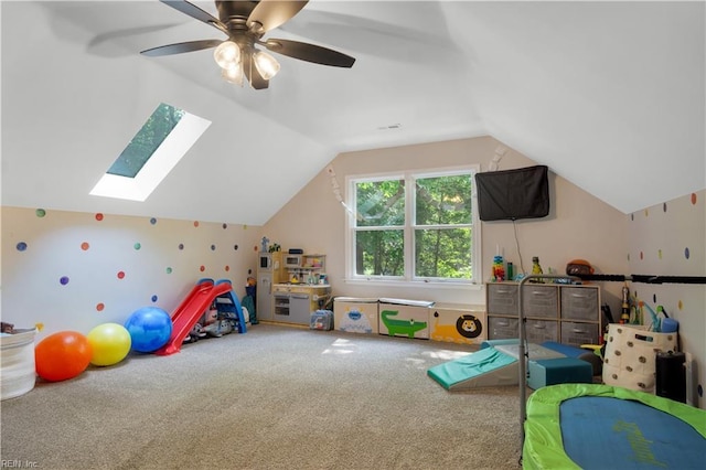 6 Hastings Ln, Williamsburg, VA 23188 - game room featuring carpet floors, vaulted ceiling, a skylight, and ceiling fan