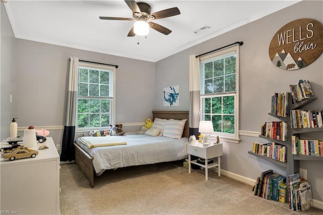 6 Hastings Ln, Williamsburg, VA 23188 - bedroom with light carpet, baseboards, ornamental molding, and a ceiling fan