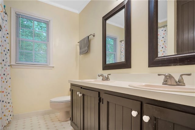 6 Hastings Ln, Williamsburg, VA 23188 - full bathroom featuring crown molding, tile patterned floors, toilet, double vanity, and baseboards