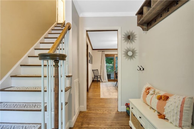 6 Hastings Ln, Williamsburg, VA 23188 - stairs featuring ornamental molding, wood finished floors, and baseboards