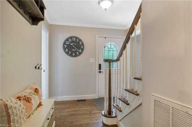 6 Hastings Ln, Williamsburg, VA 23188 - foyer entrance with stairway, dark wood-style flooring, ornamental molding, and baseboards