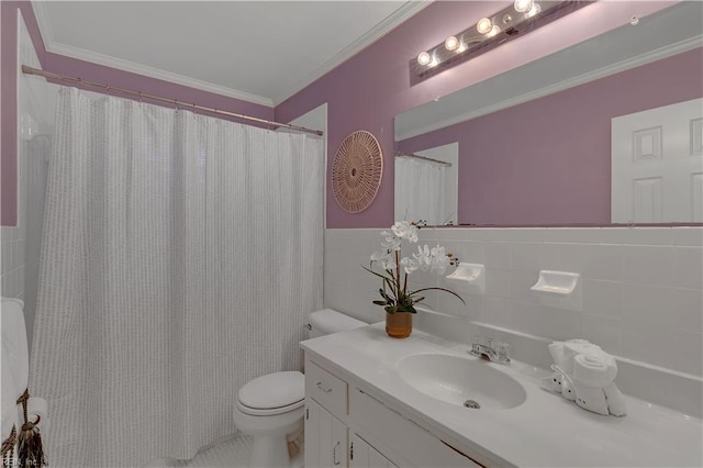 5 Bessies Landing Dr, Poquoson, VA 23662 - bathroom featuring tile walls, toilet, vanity, ornamental molding, and a shower with shower curtain
