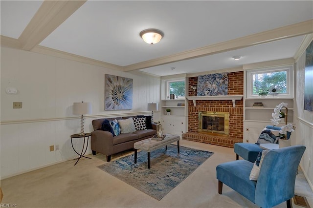 5 Bessies Landing Dr, Poquoson, VA 23662 - carpeted living area with a fireplace, beam ceiling, and a decorative wall