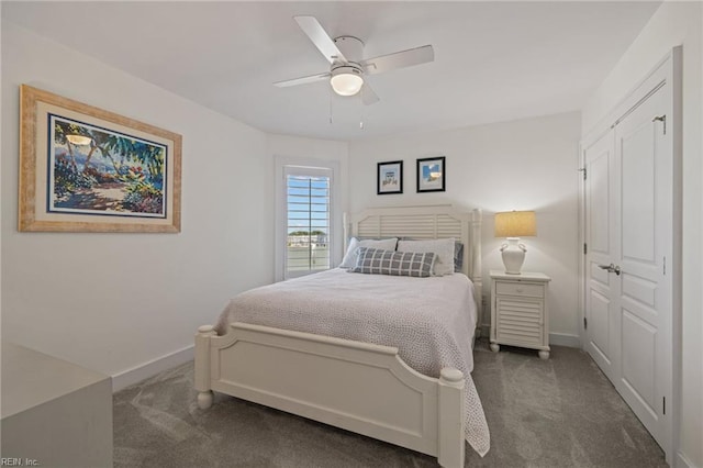 bedroom with carpet floors, baseboards, and ceiling fan
