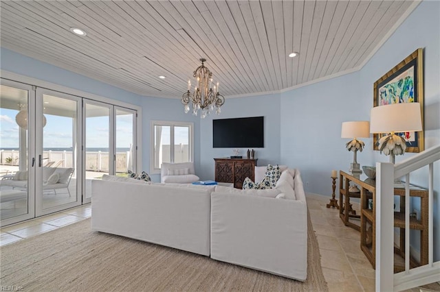 living room featuring recessed lighting, wood ceiling, a chandelier, light tile patterned floors, and french doors