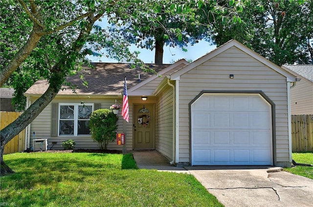 ranch-style home featuring concrete driveway, roof with shingles, and an attached garage