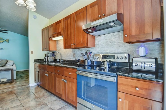 kitchen featuring stainless steel range with electric stovetop, under cabinet range hood, a sink, lofted ceiling, and decorative backsplash
