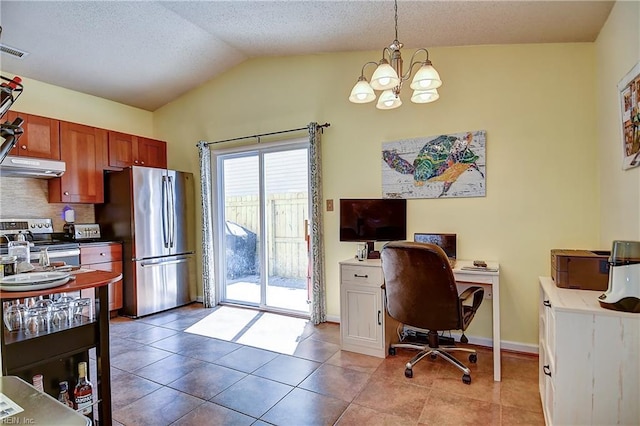 office area featuring a chandelier, vaulted ceiling, light tile patterned flooring, and baseboards