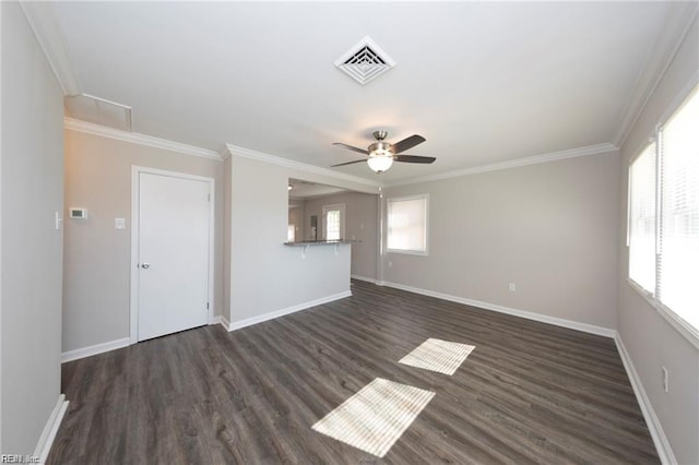 unfurnished living room with a ceiling fan, baseboards, crown molding, and dark wood-style flooring