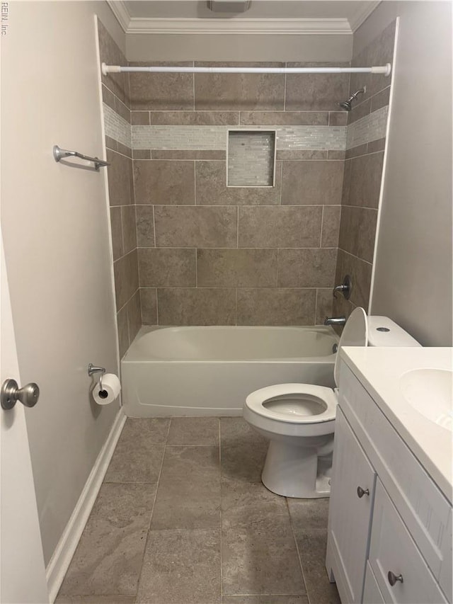 bathroom featuring crown molding,  shower combination, toilet, vanity, and baseboards