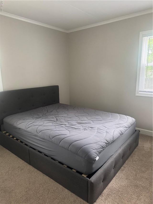 carpeted bedroom featuring crown molding and baseboards