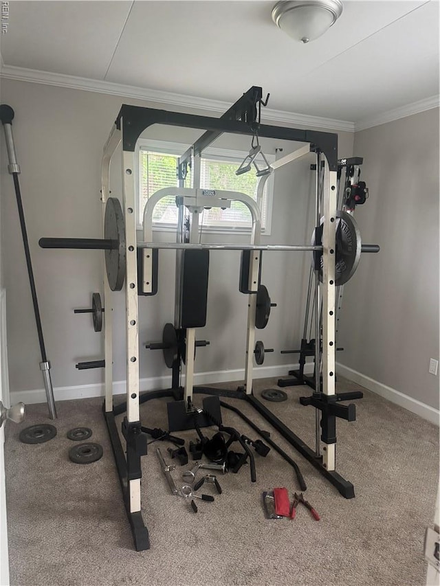 exercise room with ornamental molding, baseboards, and carpet floors