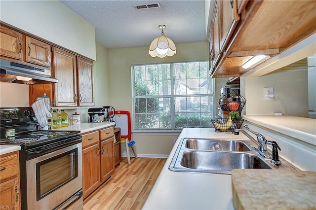 841 Masters Trl, Newport News, VA 23602 - kitchen featuring stainless steel electric range oven, under cabinet range hood, a sink, light countertops, and light wood-style flooring