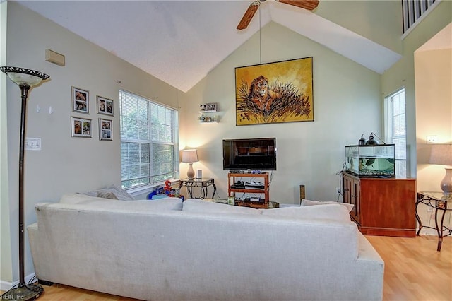 841 Masters Trl, Newport News, VA 23602 - living room featuring healthy amount of natural light, a ceiling fan, wood finished floors, and high vaulted ceiling