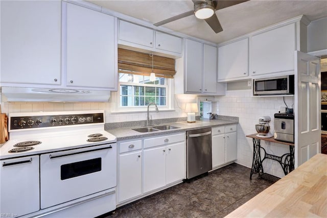 21 Westover Rd, Newport News, VA 23601 - kitchen featuring appliances with stainless steel finishes, under cabinet range hood, a sink, white cabinetry, and a ceiling fan