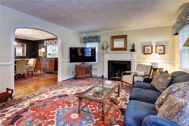 21 Westover Rd, Newport News, VA 23601 - living area with wood finished floors, arched walkways, healthy amount of natural light, a fireplace with flush hearth, and ornamental molding