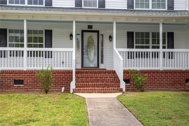 968 Speight Lyons Loop, Chesapeake, VA 23322 - property entrance with crawl space, covered porch, a lawn, and a shingled roof