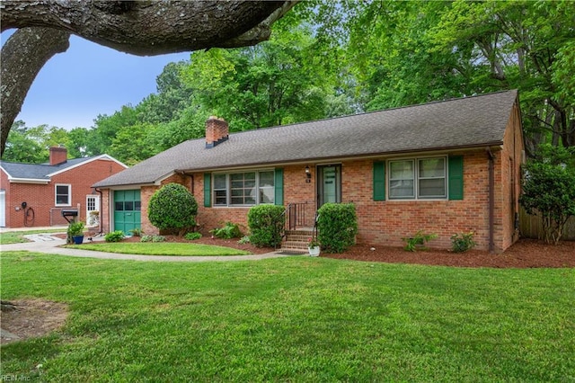 13 Omera Pl, Hampton, VA 23666 - single story home featuring a garage, brick siding, a chimney, and a front yard