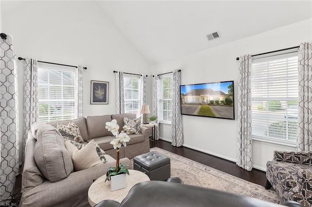 3009 Hogan Way, Suffolk, VA 23435 - living room with dark wood finished floors, high vaulted ceiling, and baseboards