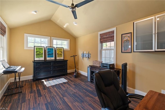 home office with a ceiling fan, wood finished floors, baseboards, and vaulted ceiling