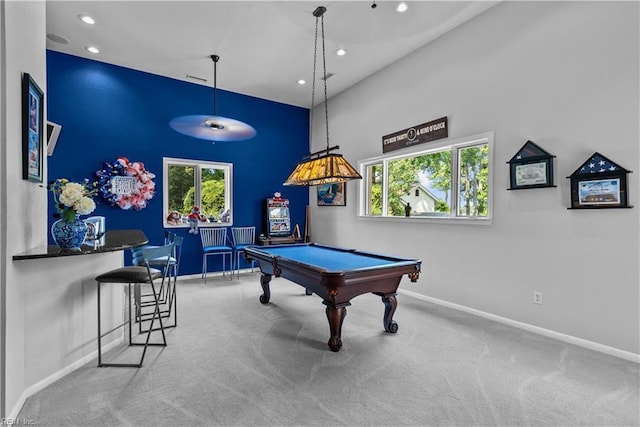 playroom featuring billiards table, carpet floors, baseboards, a high ceiling, and recessed lighting