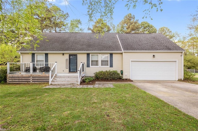 8209 Harlan Dr, Suffolk, VA 23436 - ranch-style home with a garage, driveway, a front lawn, a deck, and a shingled roof