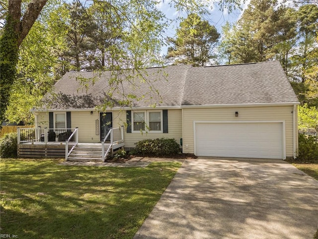 8209 Harlan Dr, Suffolk, VA 23436 - view of front of property featuring concrete driveway, a garage, a front lawn, roof with shingles, and a deck
