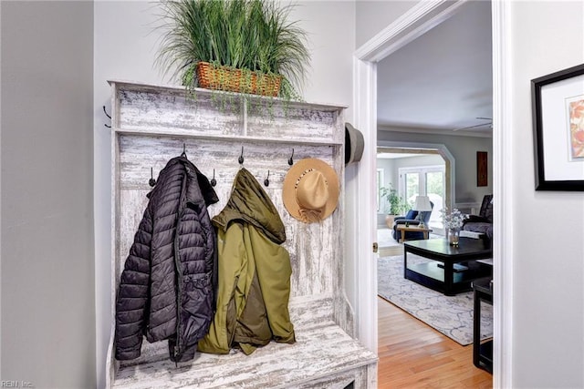 108 Devonshire Dr, Williamsburg, VA 23188 - mudroom featuring wood finished floors and crown molding
