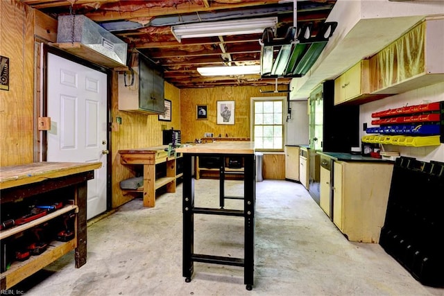 108 Devonshire Dr, Williamsburg, VA 23188 - basement featuring a workshop area and wooden walls