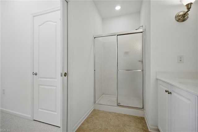 5312 Charmont Ct, Virginia Beach, VA 23455 - bathroom with baseboards, a stall shower, recessed lighting, and vanity